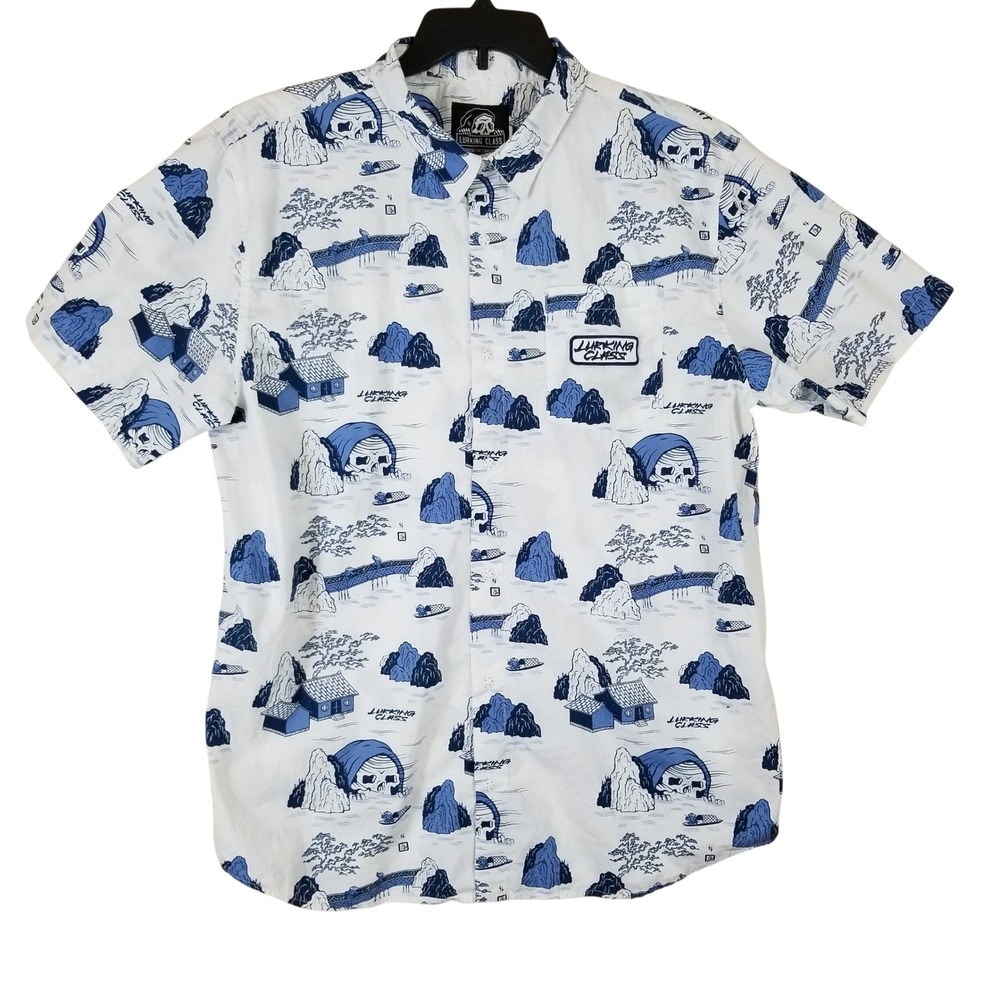 Lurking Class Sketchy Tank Mens XXL White Blue Skull Graphic Button Down Shirt
